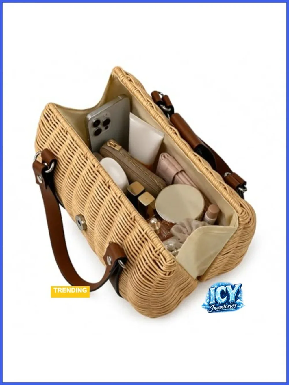 Structured Rattan Purse Women Straw Tote Woven Wicker Satchel Handbag